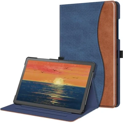Image of Fintie Case for Samsung Galaxy Tab A9 Plus 11 Inch 2023, Multi Angle Folio Protective Document Compartment and Auto Sleep/Wake Function Tablet A9+ SM X210/X216/X218, Blue/Brown