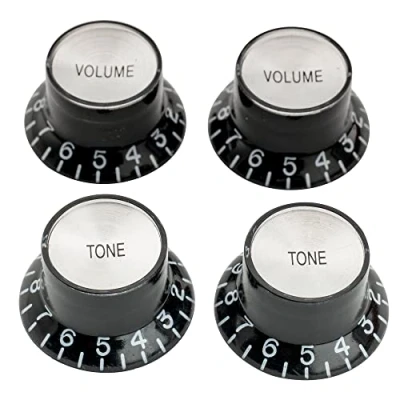 Image of Musiclily Pro Left Handed Metric Size Guitar Top Hat Bell 2 Volume Tone Reflector Knobs Set Compatible with Epiphone Les Paul SG Style, Black Silver