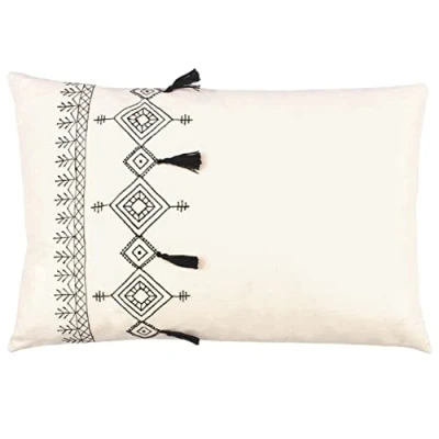Image of furn. Pritta Cotton Embroidered Tasselled Feather Filled Cushion Natural One Size
