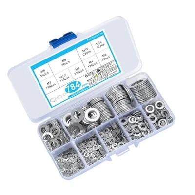Image of 684 Pcs Flat Washer, Stainless Steel Lock Washer Spacers, Assorted Metal Washers Assortment for Home Decoration, Factories Repair Construction M2/M2.5/M3/M4/M5/M6/M8/M10/M12