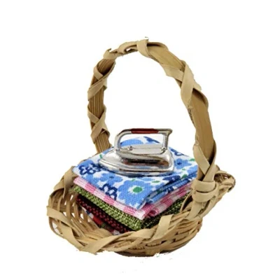 Image of Melody Jane Dolls House Pile of Folded Ironing &amp; Iron in Basket Kitchen Laundry Accessory