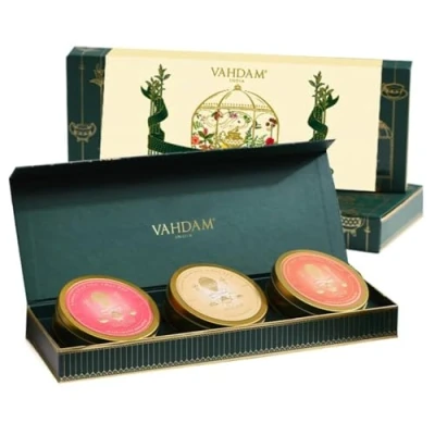 Image of VAHDAM, Chai Tea Set Box (3 Teas) Premium Gift 100% Pure Loose Leaf Tea, Gluten Free, Non GMO Gifts for Women, Men, Her/Him 75+ Cups