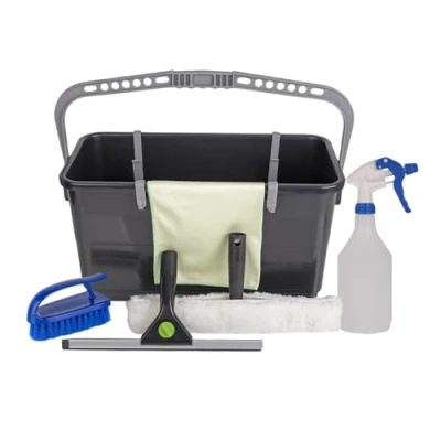 Image of Avern Window Cleaning Kit 3 in 1 Professional Washing Set Equipment Home Household 24l Bucket, T Bar, Squeegee,Brush, Trigger &amp; Glass Cloth