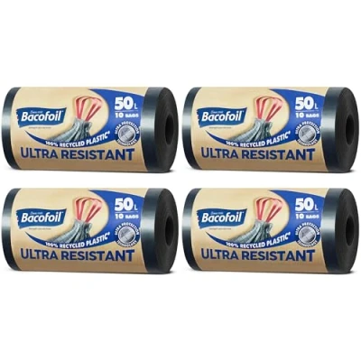 Image of Bacofoil Ultra Resistant Bin Liners with Drawstring Handles 50L Leak Proof and Tear Bag Protection Technology (4 Rolls, 40 Bags)