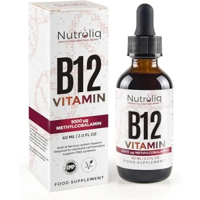 Image of Nutroliq Vitamin B12 Liquid Drops High Strength 5000mcg Methylcobalamin Supplement Energy Booster, Immune System Support, Better Concentration and Metabolism Vegan &amp; Vegetarian Formula 60ml