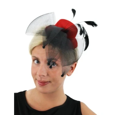 Image of ILOVEFANCYDRESS RED FASCINATOR HAT ON CLIPS WITH BLACK MARABOU FAUX FUR, NET BOW &amp; FEA...
