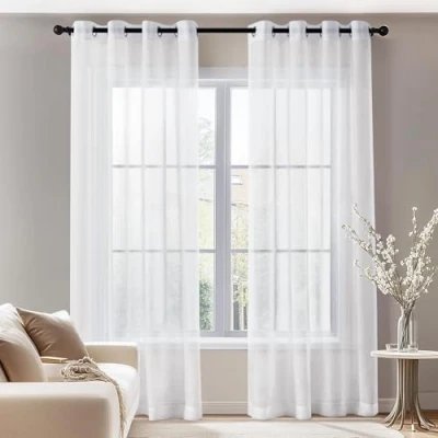 Image of Deconovo Set of 2 White Faux Linen Voile Curtains with Eyelets 140 x 290 cm Decoration Living Room Bedroom Adult Transparent