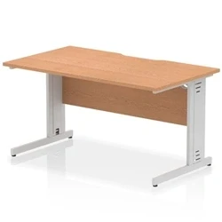 Image of Impulse 1400 x 800mm Scalloped Edge Straight Office Desk Oak Top Silver Cable Managed Leg