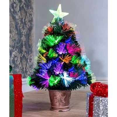 Image of SHATCHI 2Ft/60cm Fibre Optic Christmas Star Topper Firework Flower Effect Pre Lit Green Artificial Xmas Tree Multicolor Changing Lights, PVC, 2ft