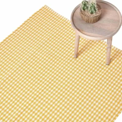 Image of HOMESCAPES 100% Cotton Checkered Gingham Rug Handwoven Lime Green 70 x 120 cm Check Large for Living Room Bedroom and Hallway