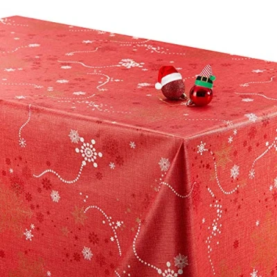 Image of KP HOME PVC Table Cloth Wipe Clean Tablecloth Red Christmas with Gold Snowflakes Print Rectangular 200x140 Waterproof and Wipeable Plastic Cover 200 x 140 Vinyl Oilcloth Tablecloths Winter