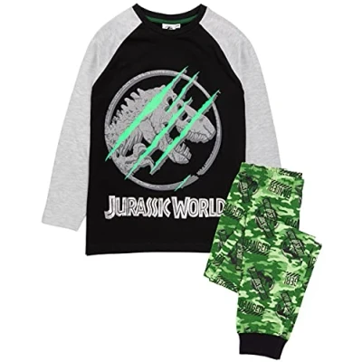 Image of Jurassic World Pyjamas For Boys Kids Camo T Shirt With Shorts OR Trousers Dinosaur PJs Movie Merchandise 11 12 Years