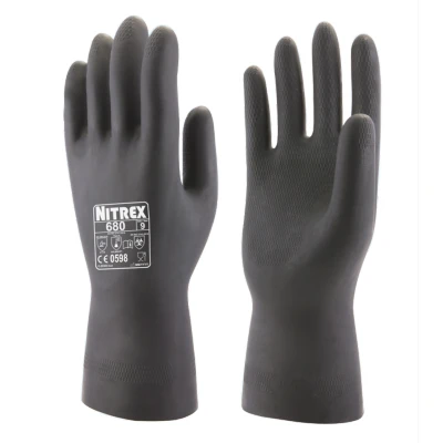 Image of NITREX 680 Chemical Resistant Safety Gloves, Bag of 10 Pairs Flock Lined Latex Gauntlet Gloves in Black, Size 6