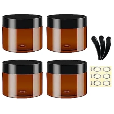 Image of 4Pcs, 120ML Empty Amber Plastic Jars With Black Lids, 3 Spatula &amp; 6 Label Apstaqeoo Round Cosmetic Containers Refillable Travel Slime for Lotion Ointments Creams Gel Storage