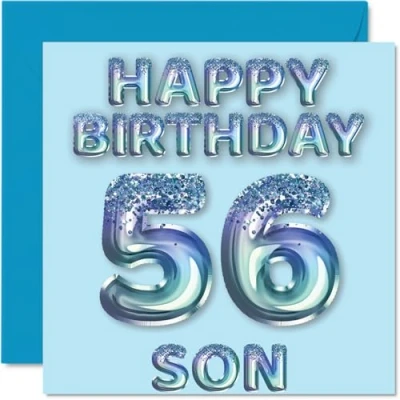 Image of 56th Birthday Card for Son Blue Glitter Party Balloons Happy Cards 56 Year Old from Mum Dad Parents, 145mm x Bday Greeting Gift
