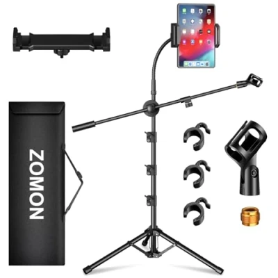 Image of ZOMON Mic Stand, 6 in 1 Microphone Stand with Floor Boom, Support Gooseneck, Clips, Tablet Phone Holder, Black, Metal, Portable, Adjustable