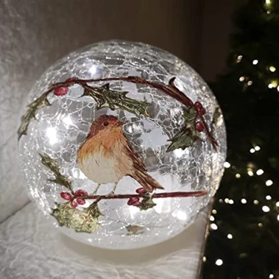 Image of Samuel ALEXANDER 20cm Festive Christmas Crackle Effect Glass Robin LED Light Ball