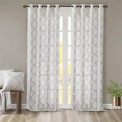 Image of Madison Park Saratoga Single Window Curtain Light Filtering Fretwork Print 1 Panel Grommet Top Drape for Living Room Bedroom and Dorm, 50x108, Ivory/Grey