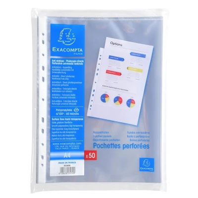 Image of Exacompta Ref 5250E PP Document Punched Pockets Suitable for A4 Documents, 0.1mm Polypropylene, Top Opening Pre Left Tab Clear (Pack of 50)