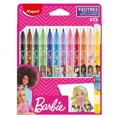 Image of Maped Barbie Felt tip pens for Children Decorated Medium Point Washable Ink Cardboard Box of 12 Colouring