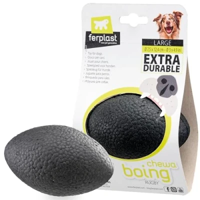 Image of Ferplast CHEWA BOING RUGBY Dog Toy Ultra Durable Extra Bounce &amp; Floating Innovative Chewing Resistant Material 3D Texture for Dental Hygiene Italian Design Size L, Black
