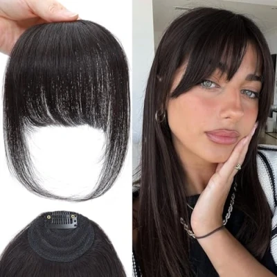 Image of Clip in Fringe Real Human Hair French Bangs Fake on for Women With Temple (Brown Black#, Bangs)