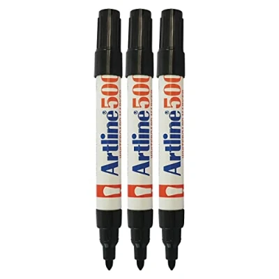 Image of artline 500 Whiteboard Marker Pens, BLACK, Bold Acrylic Point (2.0mm), Pack of 3, Metal Body, Dry Erase Easy Wipe, Refillable, School Office Everyday Use