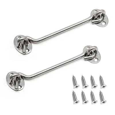 Image of BuxiuGK 2 Pack Cabin Hook Eye Door Latch Stainless Steel 6 Inch/150mm with 8 Mounting Screws for Shed Doors Cabinet