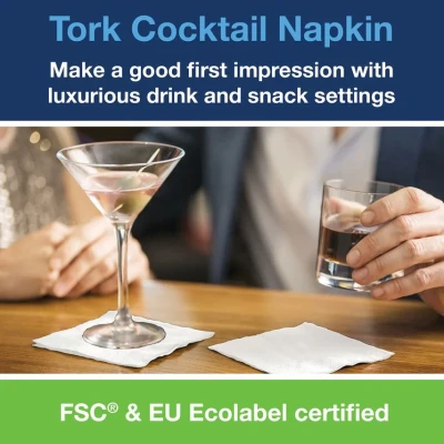 Image of Tork White Cocktail Napkin, 1/4 Fold 2 ply, 24 cm x cm, 200 Napkins, 477534