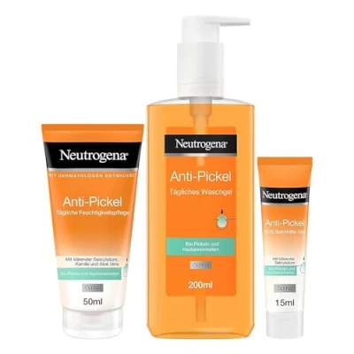 Image of Neutrogena Anti Pimple Skincare Set with Daily Wash Gel (200 ml), Moisturiser (50 ml) &amp; SOS Instant Aid (15 Face Care Clarifying Salicylic Acid