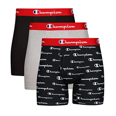 Image of Champion Men&#039;s Boxer Briefs, Every Day Comfort Stretch Cotton Moisture Wicking Underwear, Multi Pack, Black/Oxford Grey Heather/Black Script Logo 3 S (Pack of 3)