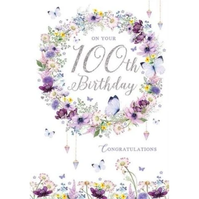 Image of Pizazz Pretty Female Birthday Card From the Range On Your 100th Artistic Floral Wreath and Butterflies Stunning Flitter Foil Finish Greeting For Her (NQ DS609)