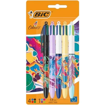 Image of BIC 4 Colours Pens All In One, Multi Coloured Retractable Ballpoint Pens, Medium 1.0mm, Green, Blue, Red, Black, 5 Per Pack, 1 Pack