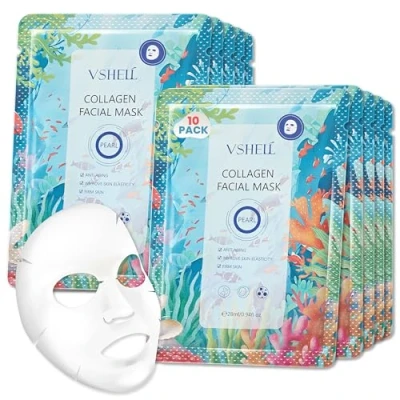 Image of Skincare Facial Mask VSHELL (Pack of 10) Ultimate Sheet Mask: Brightening, Anti Aging, Hydrating, and Skin Tone Evenness (Collagen)