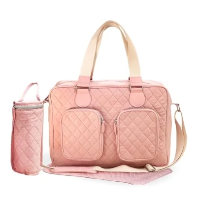 Image of My Babiie Changing Bag Tote With Insulated Bottle Holder, Portable Mat, Baby Travel Bag, Nappy Messenger 2 Front Pockets Pink Quilted