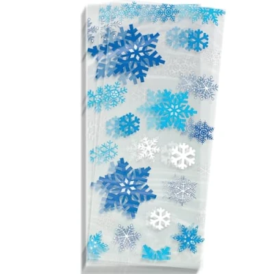 Image of Unique Party 62042 Cellophane Blue and White Snowflake Christmas Bags, Pack of 20