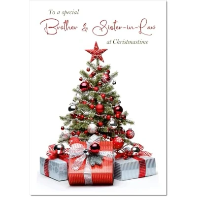 Image of doodlecards Brother &amp; Sister in Law Christmas Card Parcels and Tree Medium Size with Plain Envelope