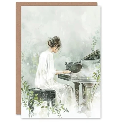 Image of Artery8 Greeting Card Pianist Playing Piano Misty Forest Watercolour Blank For All Him Or Her Art Birthday