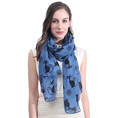 Image of Lina &amp; Lily Cat Kitten Print Women&#039;s Large Scarf Lightweight (Blue)(Size: One Size)