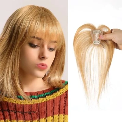 Image of Clip in Fringe Bangs 360 3D Cover 100% Real Human Hair Toppers with Bangs，Blonde pieces on for Women Fake Daily Wear