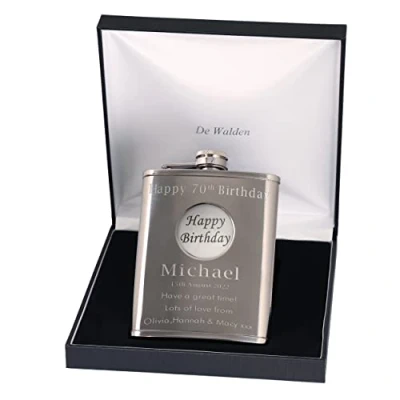 Image of 70th Birthday Engraved Hip Flask Happy Feature in Gift Box