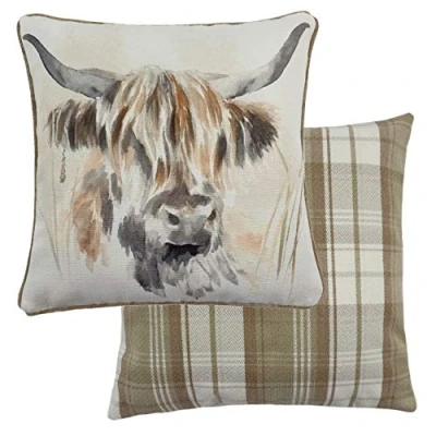Image of Evans Lichfield Watercolour Highland Cow Feather Filled Cushion, Multi, 43 x cm