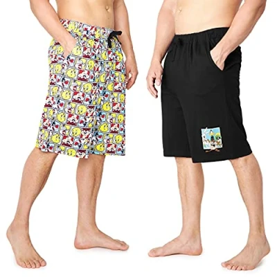 Image of LOONEY TUNES Mens Shorts 2 Pack of Cotton with Pockets Men Teenagers Casual Loungewear Nightwear Gifts for (M, Multicoloured)