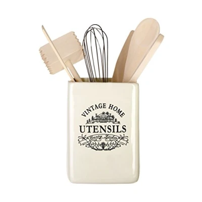 Image of Premier Housewares Cutlery Organiser / Utensils Holder Kitchen Stoneware Caddy White,H15 x W11 D11cm, Cream