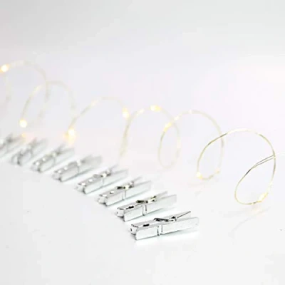 Image of Photo Clip String Lights Battery Operated 2m Silver Wire 20 LED Firefly Peg Lighting (Warm White)