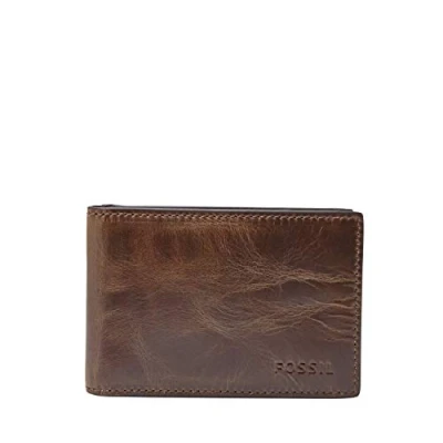 Image of Fossil Men&#039;s Leather Money Clip Bifold Wallet, Dark Brown, One Size