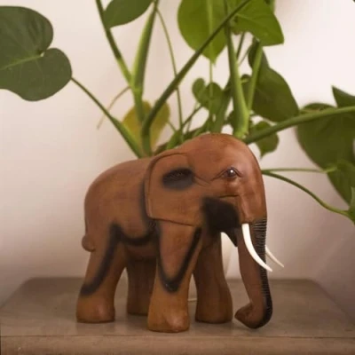 Image of HomeZone Wooden Resin African Elephants Garden Ornaments Outdoor Fully Weatherproof Traditional Quirky and Majestic Animal Statue Sculpture for Pond, Patio, Decoration