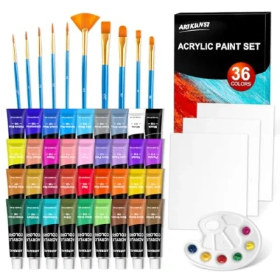 Image of ARTKUNST 50 Pack Acrylic Paint Set, 36 Colours (12ml) with 10 Brushes 3 Canvas 1 Palette, Complete Set for Kids, Adults Painting on Rocks Wood Ceramic
