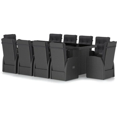 Image of vidaXL 11 Piece Garden Dining Set with Cushions Black Poly Rattan