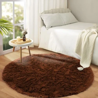 Image of Hafaa Round Rugs Living Room Fluffy Shaggy Brown Area for Bedroom 120x120cm Anti Slip Modern Super Soft Thick Pile Plush Carpet Non Shedding Easy To Clean Rug